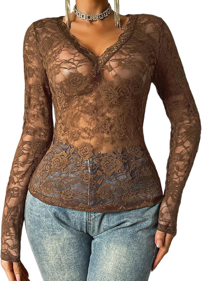 Women See Through Lace Top Deep V Neck Long Sleeve Sheer Blouses Bodycon