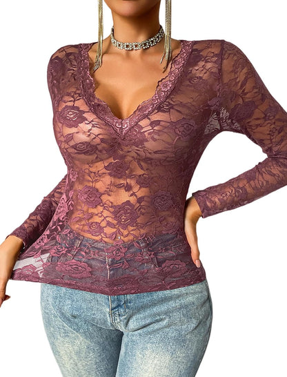Women See Through Lace Top Deep V Neck Long Sleeve Sheer Blouses Bodycon
