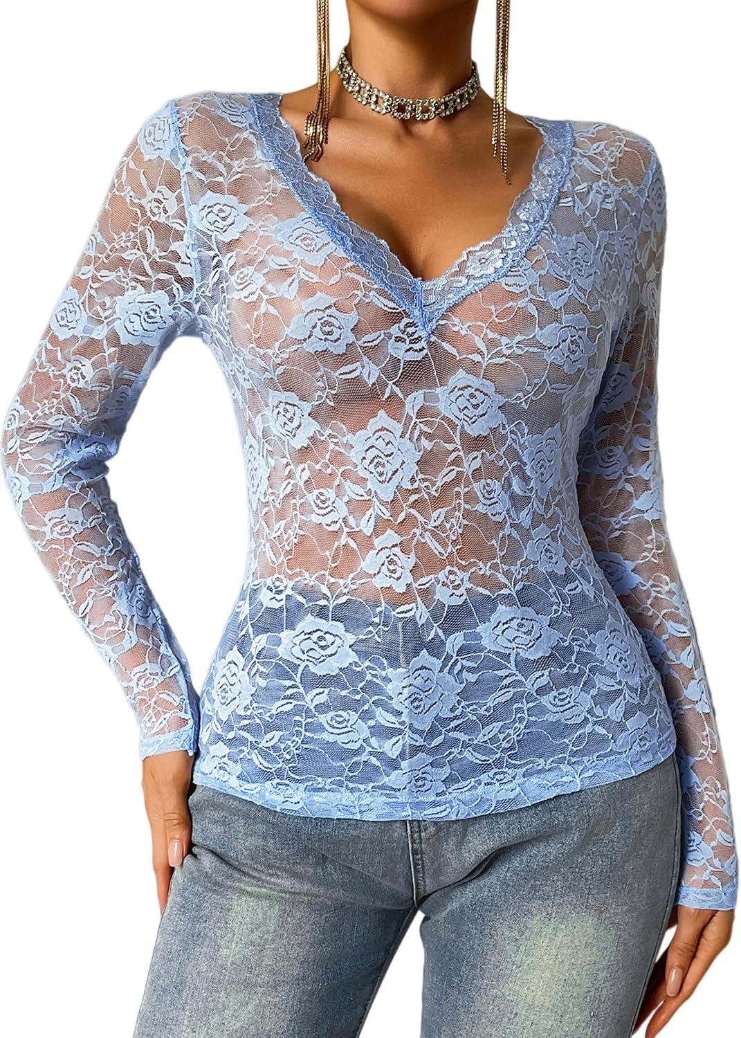 Women See Through Lace Top Deep V Neck Long Sleeve Sheer Blouses Bodycon