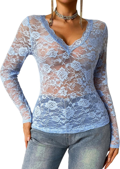 Women See Through Lace Top Deep V Neck Long Sleeve Sheer Blouses Bodycon