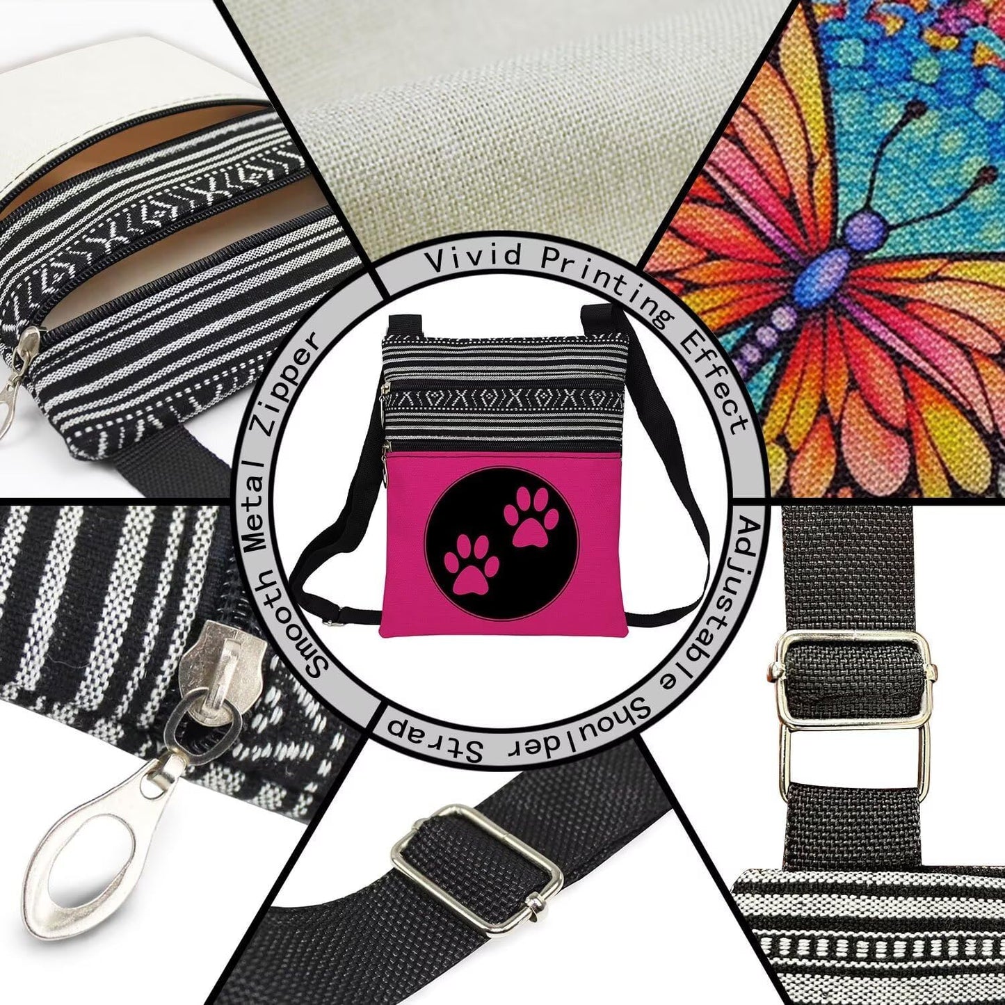 Dog Claw Sling Crossbody Bag. Adjustable Strap Shoulder Purse with Zipper