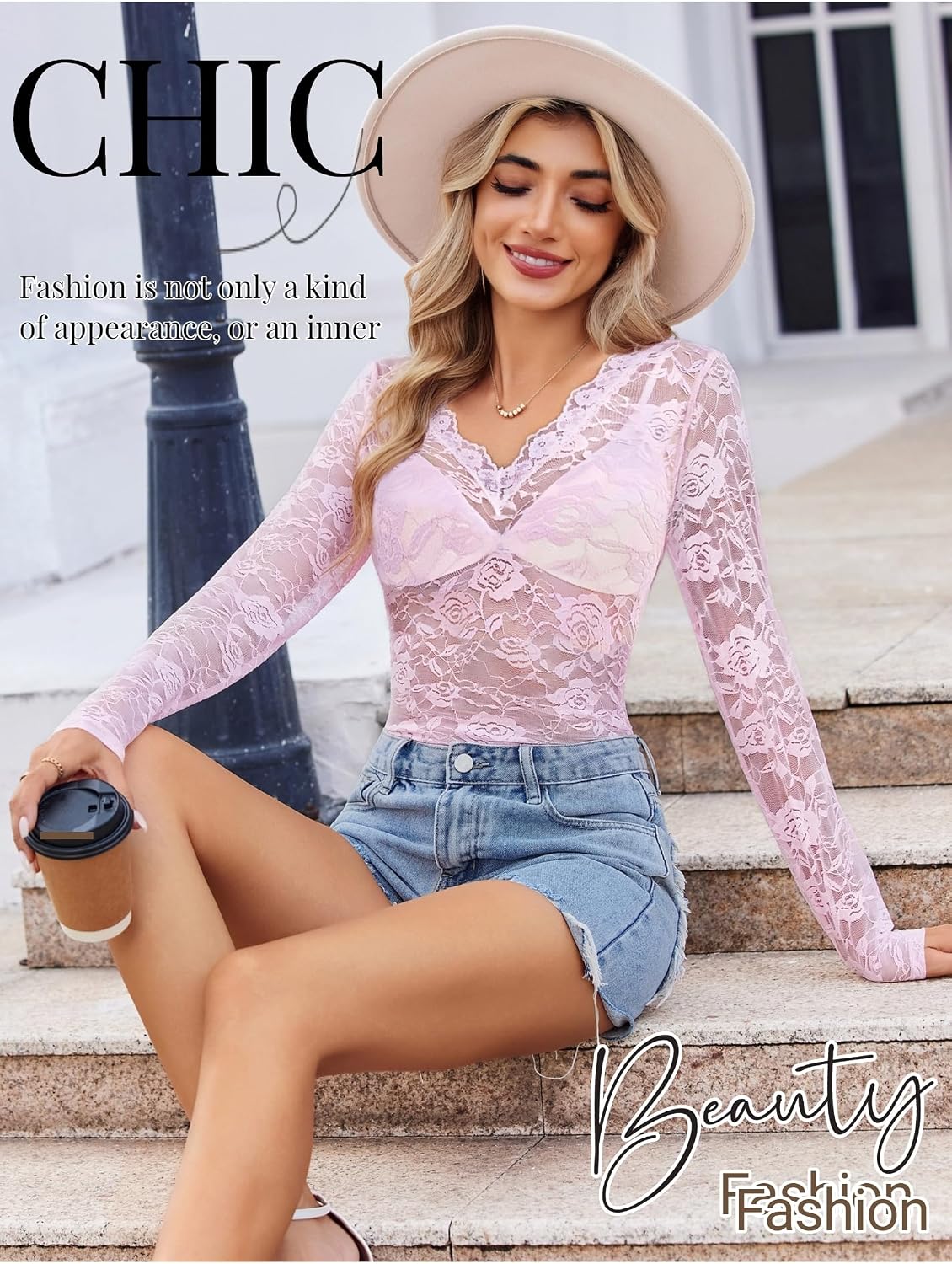 Women See Through Lace Top Deep V Neck Long Sleeve Sheer Blouses Bodycon