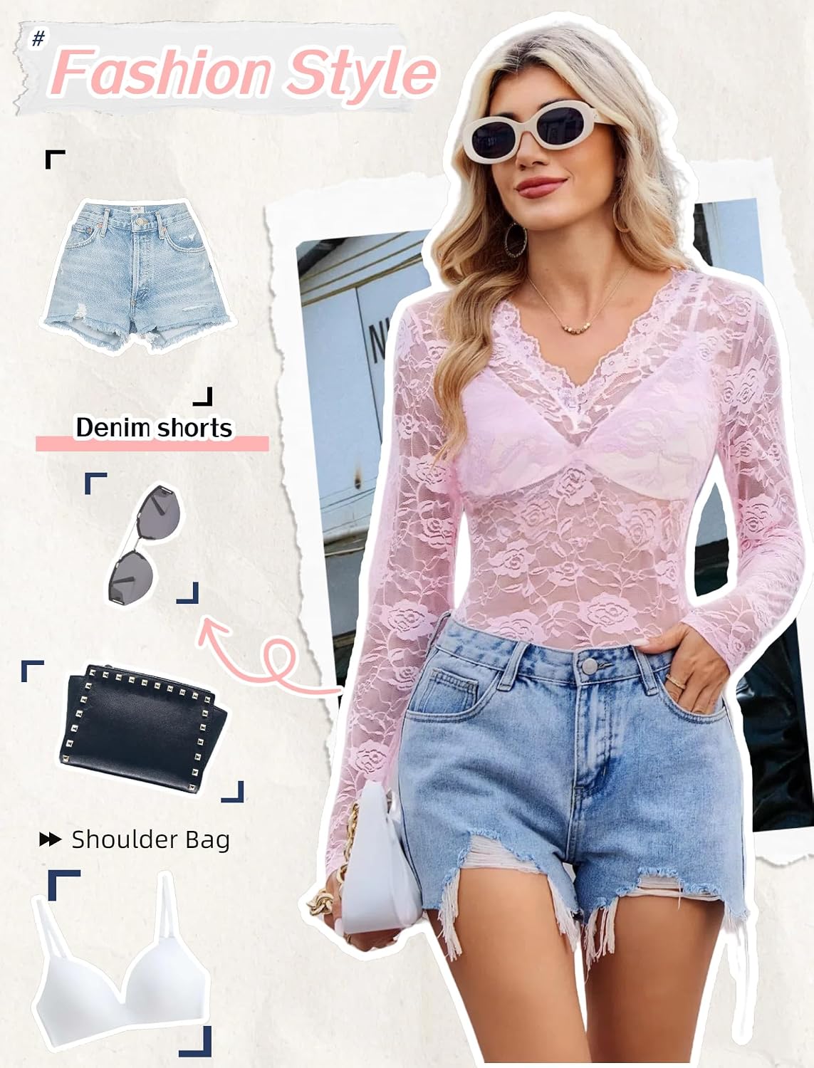 Women See Through Lace Top Deep V Neck Long Sleeve Sheer Blouses Bodycon
