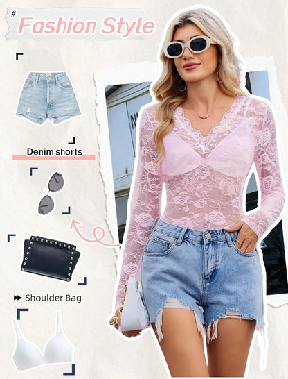 Women See Through Lace Top Deep V Neck Long Sleeve Sheer Blouses Bodycon