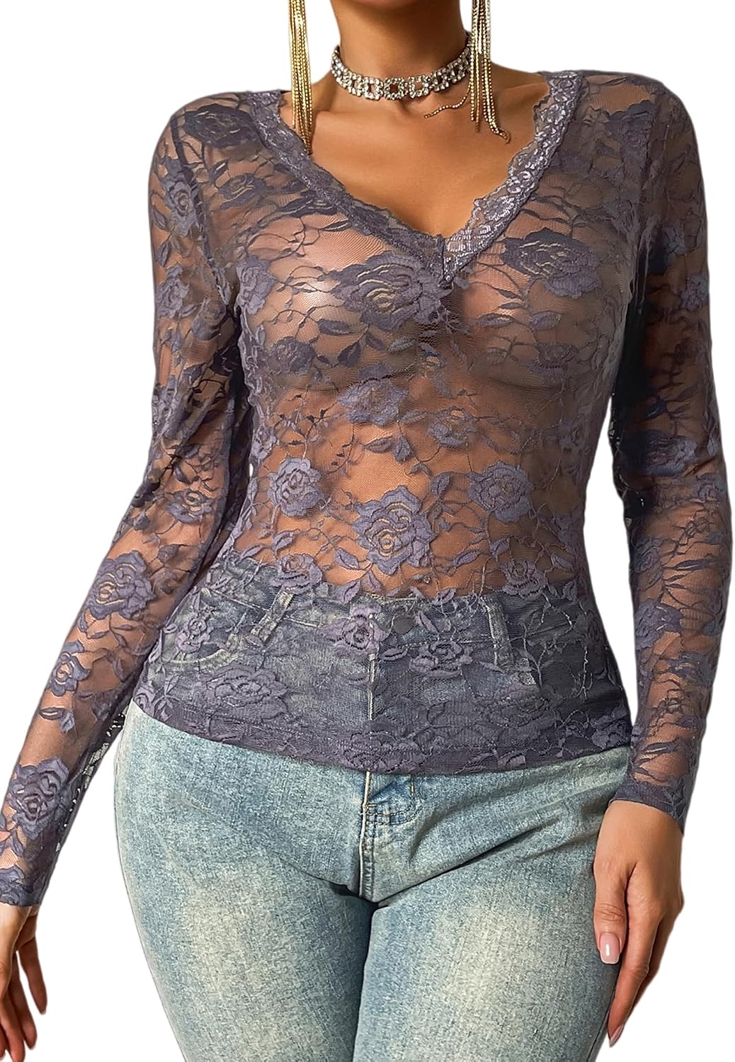 Women See Through Lace Top Deep V Neck Long Sleeve Sheer Blouses Bodycon
