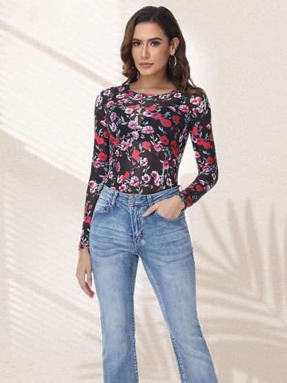Womens Mesh Tops Lace Long Sleeve Shirts Crew Neck Sexy Fitted See Through Patry Blouse