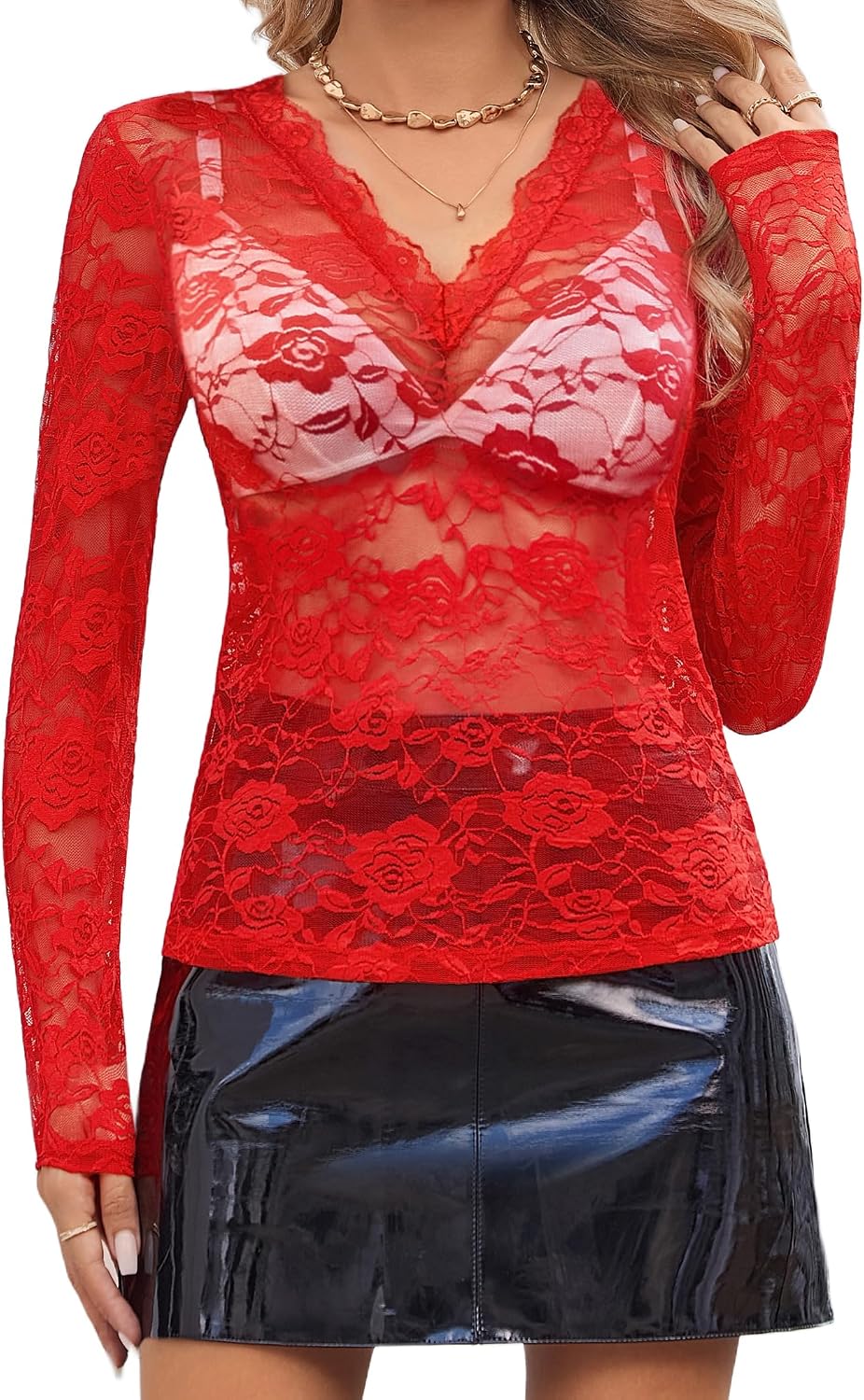 Women See Through Lace Top Deep V Neck Long Sleeve Sheer Blouses Bodycon