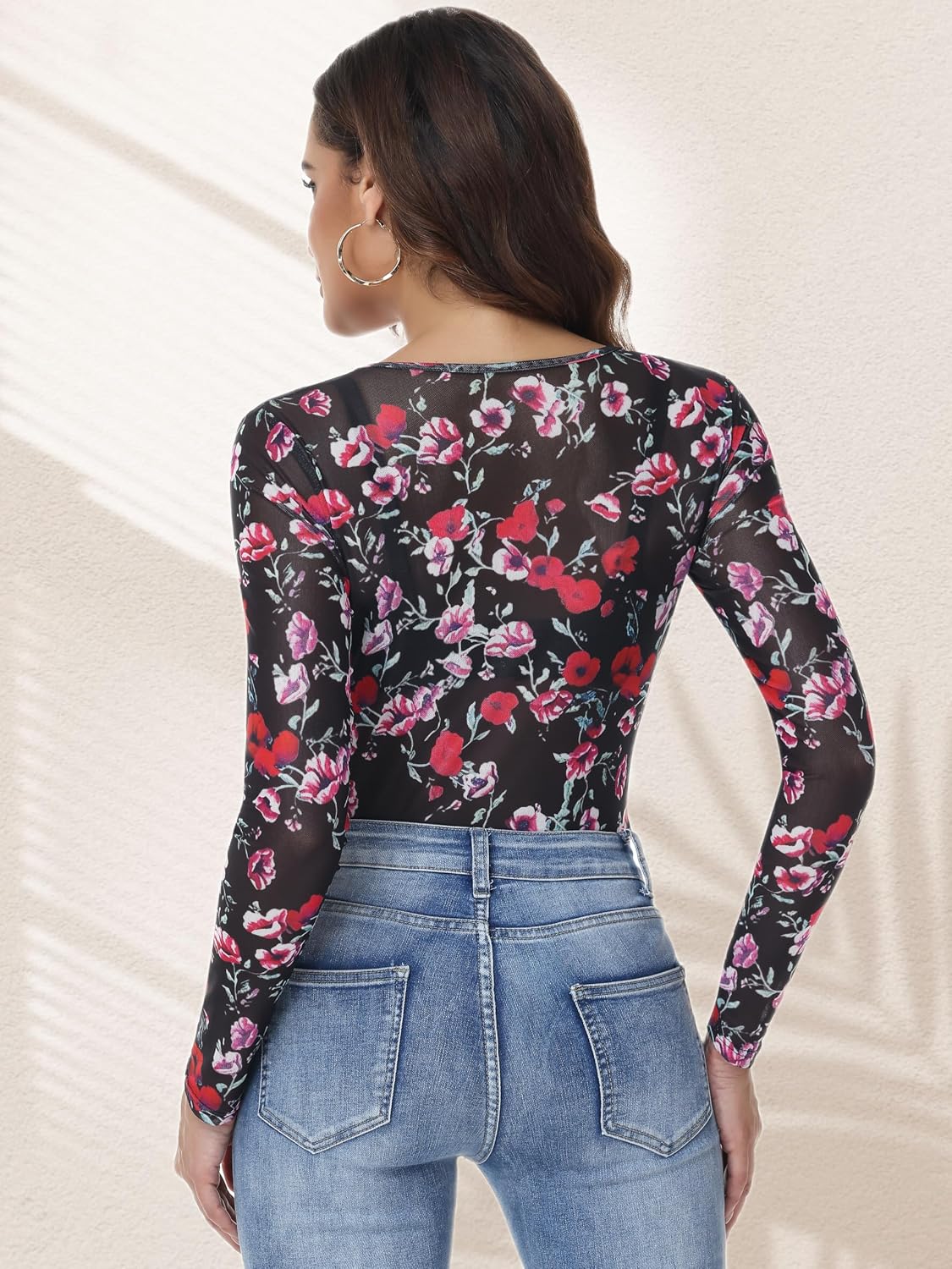 Womens Mesh Tops Lace Long Sleeve Shirts Crew Neck Sexy Fitted See Through Patry Blouse