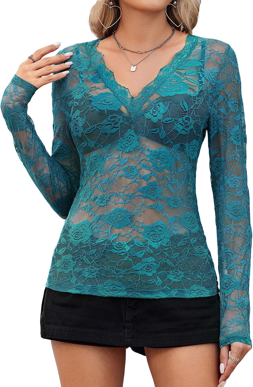 Women See Through Lace Top Deep V Neck Long Sleeve Sheer Blouses Bodycon