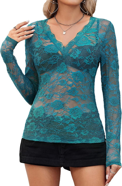 Women See Through Lace Top Deep V Neck Long Sleeve Sheer Blouses Bodycon