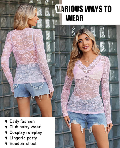 Women See Through Lace Top Deep V Neck Long Sleeve Sheer Blouses Bodycon