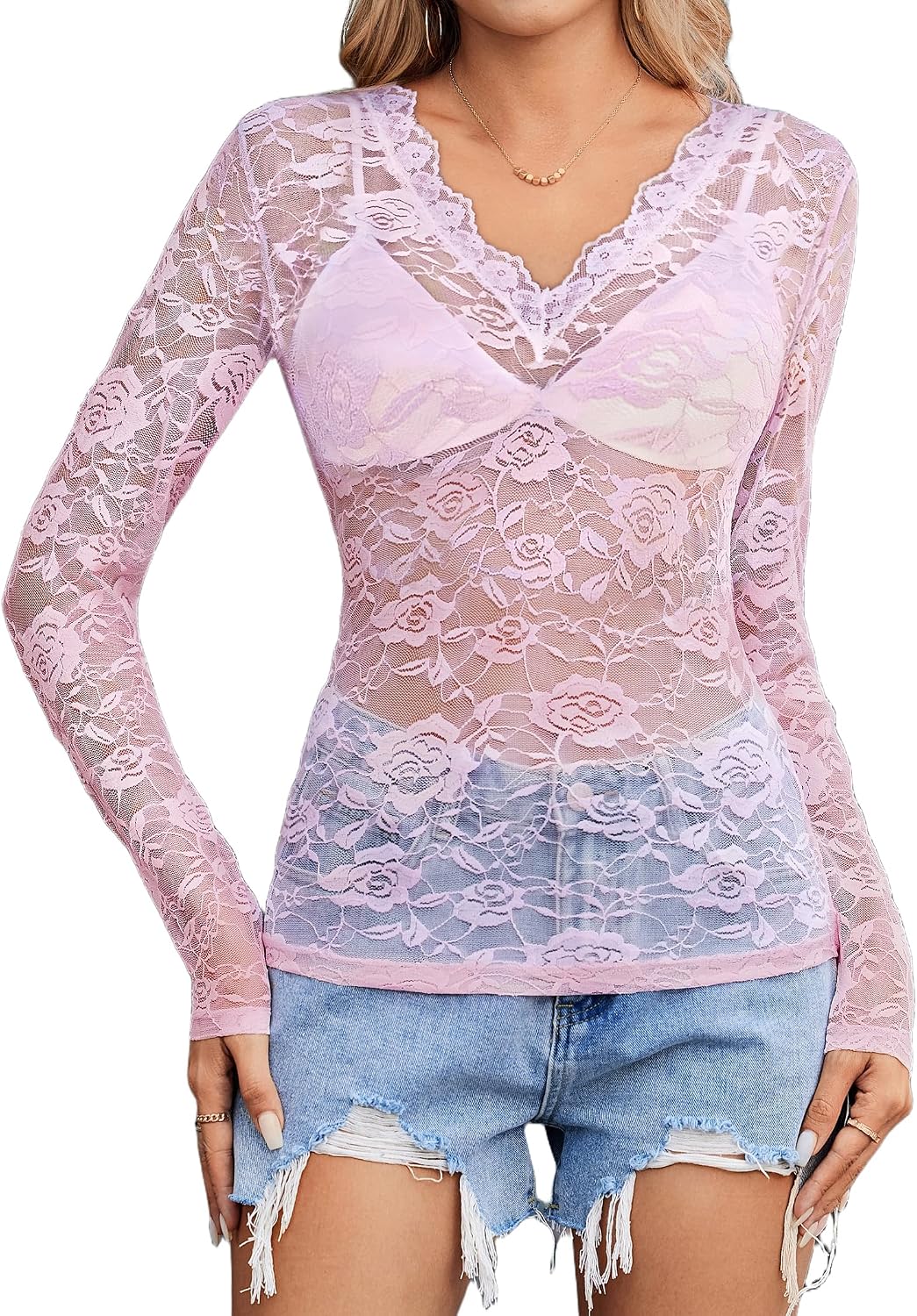 Women See Through Lace Top Deep V Neck Long Sleeve Sheer Blouses Bodycon