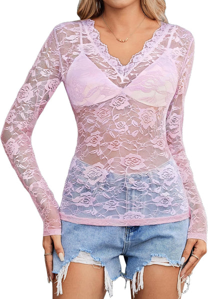 Women See Through Lace Top Deep V Neck Long Sleeve Sheer Blouses Bodycon