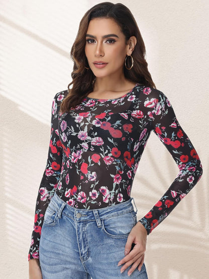 Womens Mesh Tops Lace Long Sleeve Shirts Crew Neck Sexy Fitted See Through Patry Blouse